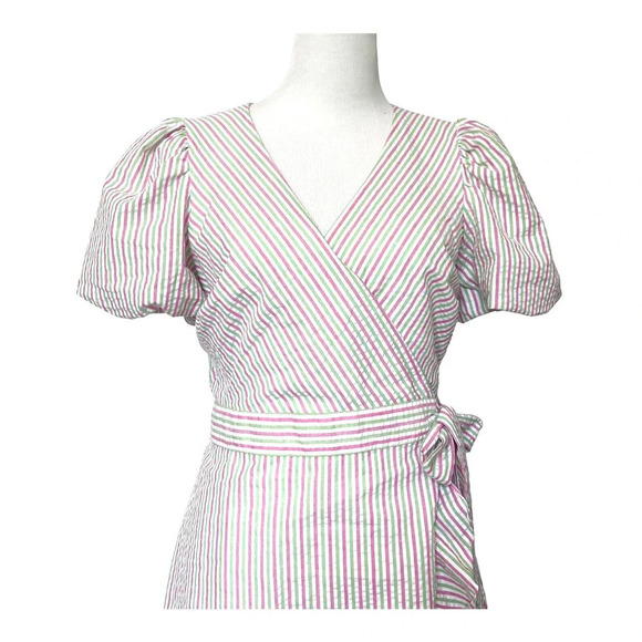 Draper James RSVP Size M Seersucker Puff Sleeve Pink, Green striped Wrap… - Picture 4 of 9